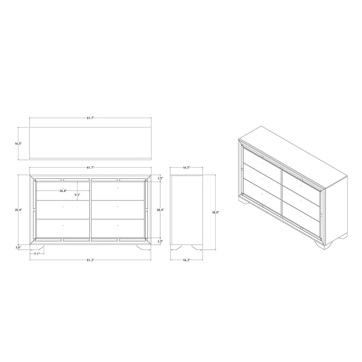 Gemstone Silver dresser with mirror accents blueprint view showing dimensions HouseOfZazla on Tampa Home & Garden Store