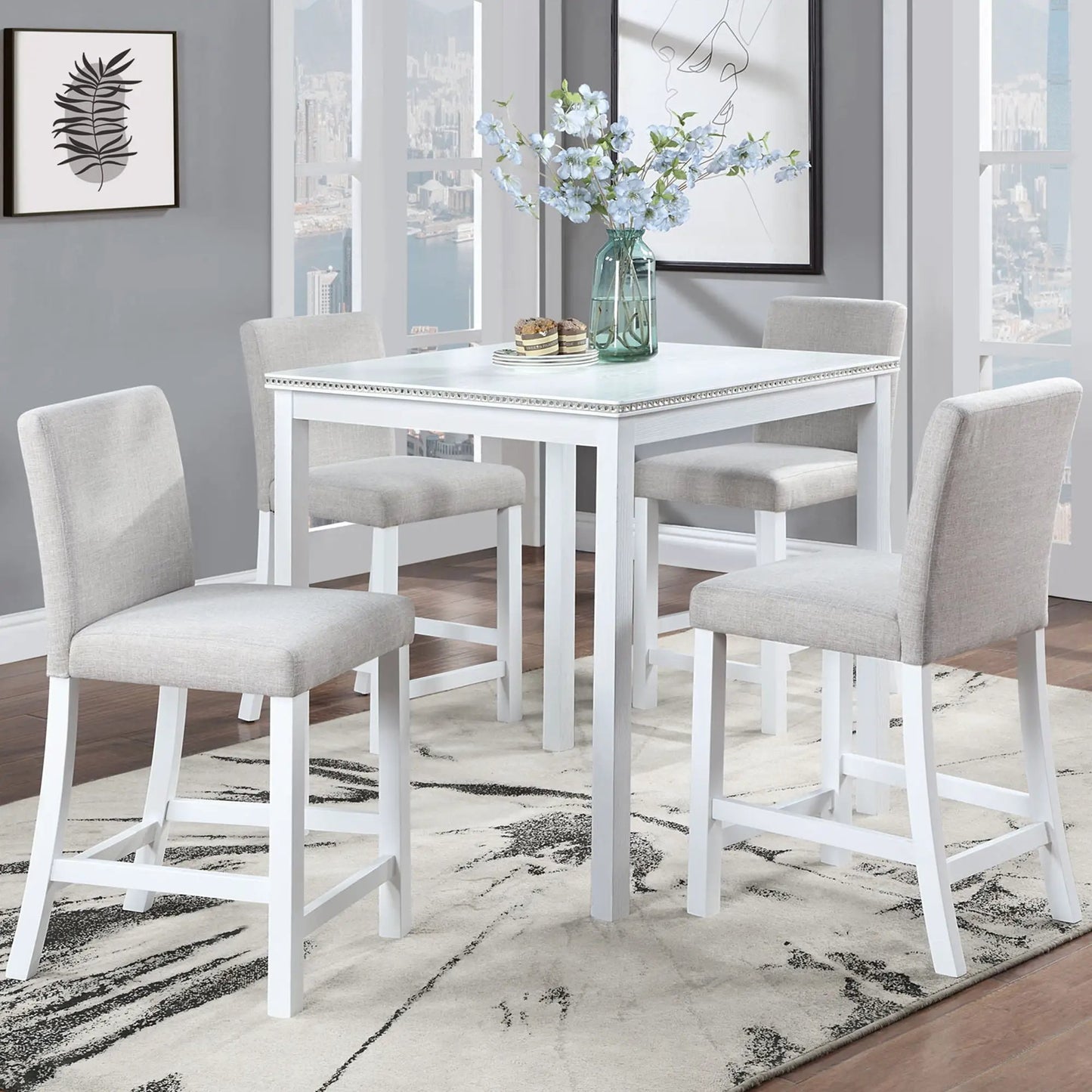 5 Piece Counter Height Dining Set square white table with 4 light gray upholstered chairs on Tampa Home & Garden Store