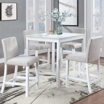5 Piece Counter Height Dining Set square white table with 4 light gray upholstered chairs on Tampa Home & Garden Store