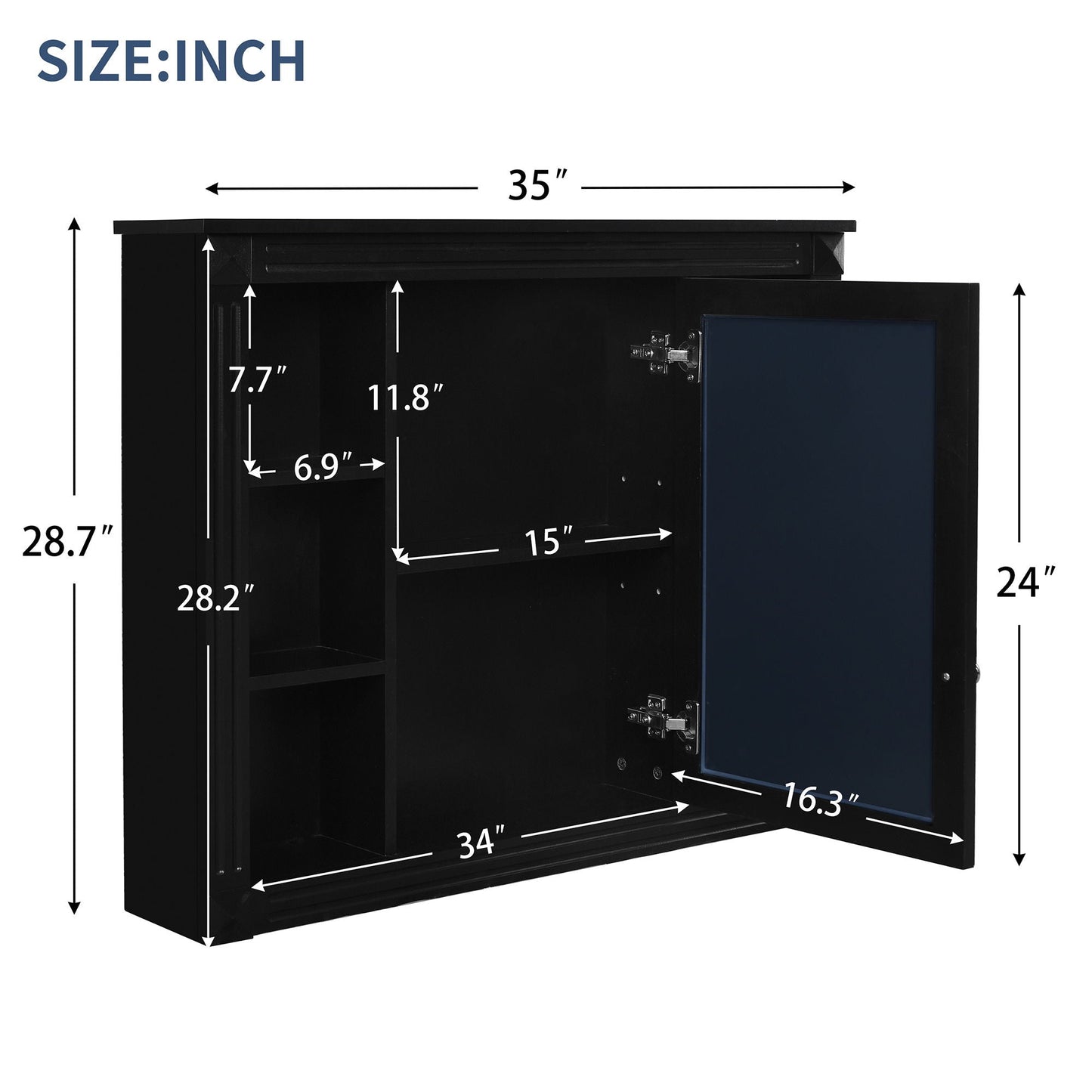 Black Wall Cabinet with Mirror and Open Shelves