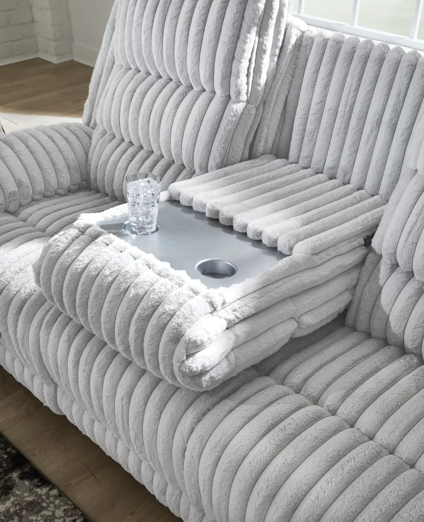Rhines Falls reclining power sofa alloy with dropdown table in gray fabric Unique Piece on Tampa Home & Garden Store