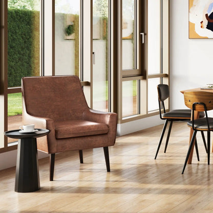 Dayton Handcrafted Wooden Accent Table with dark pedestal base beside a brown leather chair on Tampa Home & Garden Store