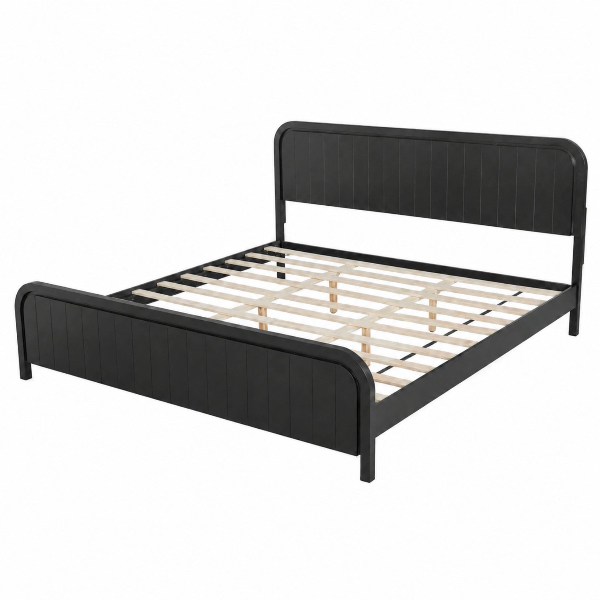 King Bed Frame with Headboard in black metal, modern vertical panel design with slat support on Tampa Home & Garden Store