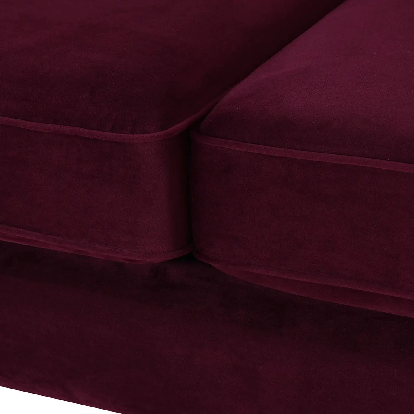 Jack Modern Tuxedo Tufted Sofa burgundy velvet cushions with piping close-up on Tampa Home & Garden Store