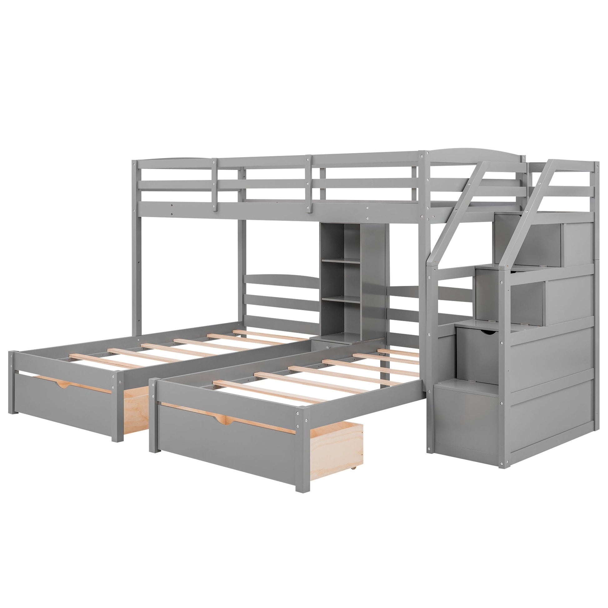 Twin Over Twin & Twin Bunk Bed gray by HouseOfZazla with drawers, staircase, shelves on Tampa Home & Garden Store