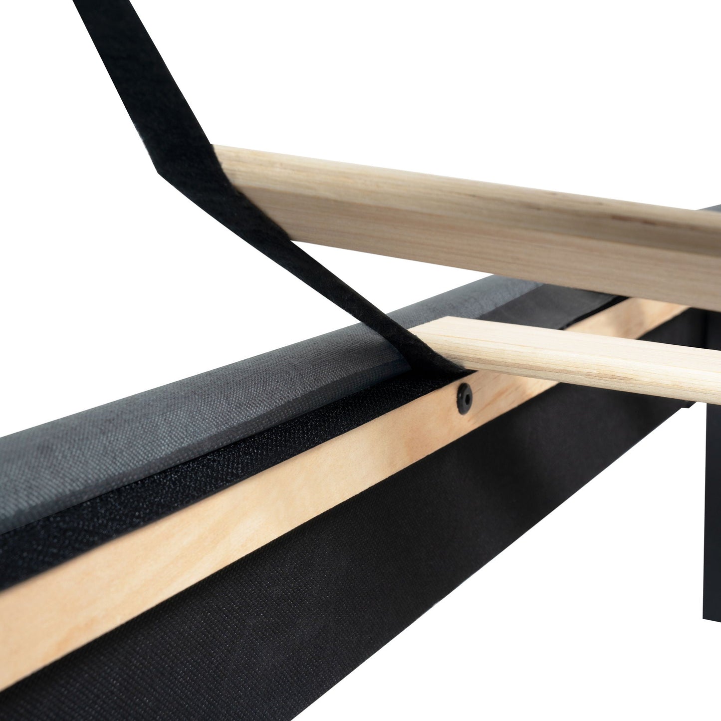 Queen size upholstered bed frame close-up showing light wood slats and black fabric straps on Tampa Home & Garden Store