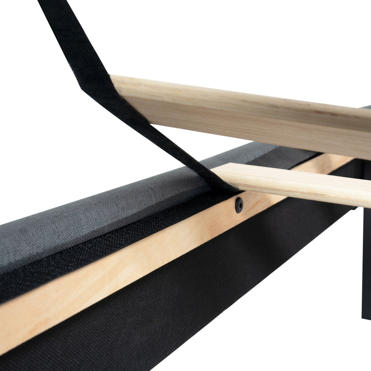 Queen size upholstered bed frame close-up showing light wood slats and black fabric straps on Tampa Home & Garden Store