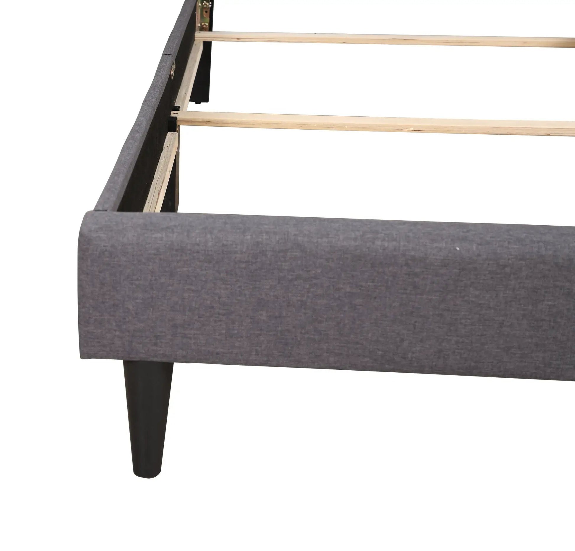Button Tufted Bed upholstered in gray fabric with light wood slats and black legs on Tampa Home & Garden Store