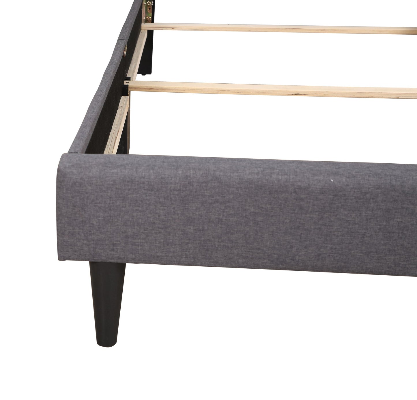 HouseOfZazla button tufted upholstered bed in gray fabric with slats and dark legs on Tampa Home & Garden Store