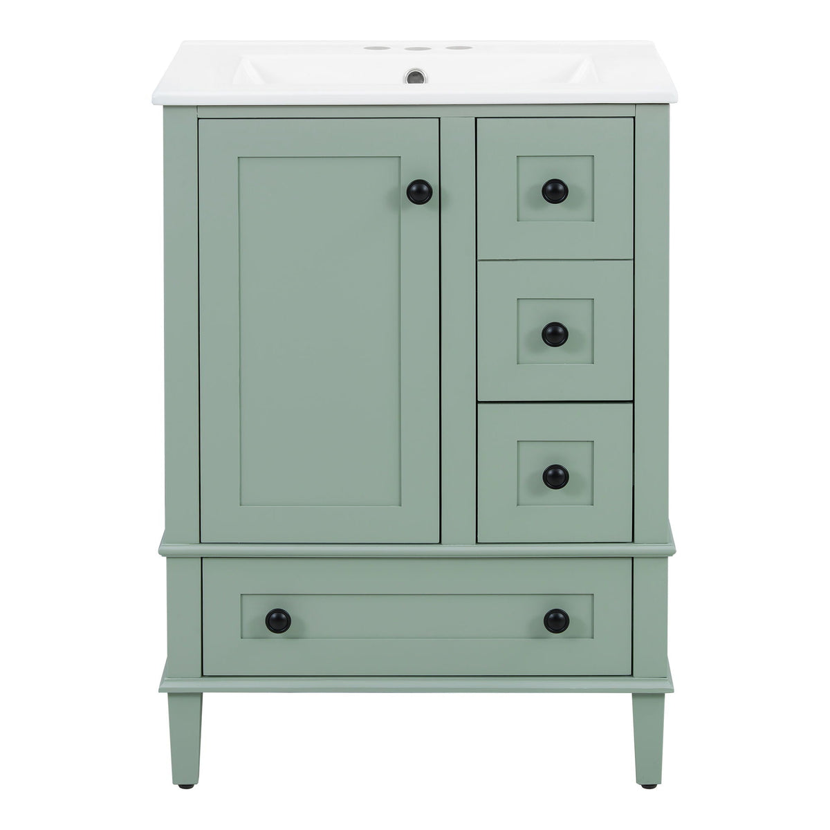 Bathroom vanity with white basin, sage-green finish, black knobs, 1-door + 4-drawer, soft-close on Tampa Home & Garden Store