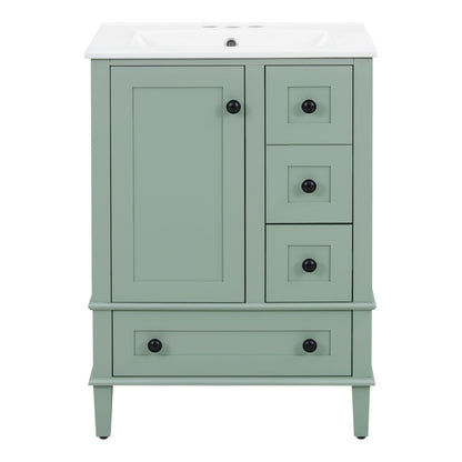 Bathroom vanity with white basin, sage-green finish, black knobs, 1-door + 4-drawer, soft-close on Tampa Home & Garden Store