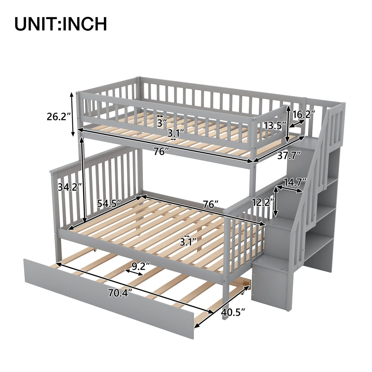 Bunk Bed With Staircase by HouseOfZazla, gray wooden bunk bed with built-in staircase on Tampa Home & Garden Store