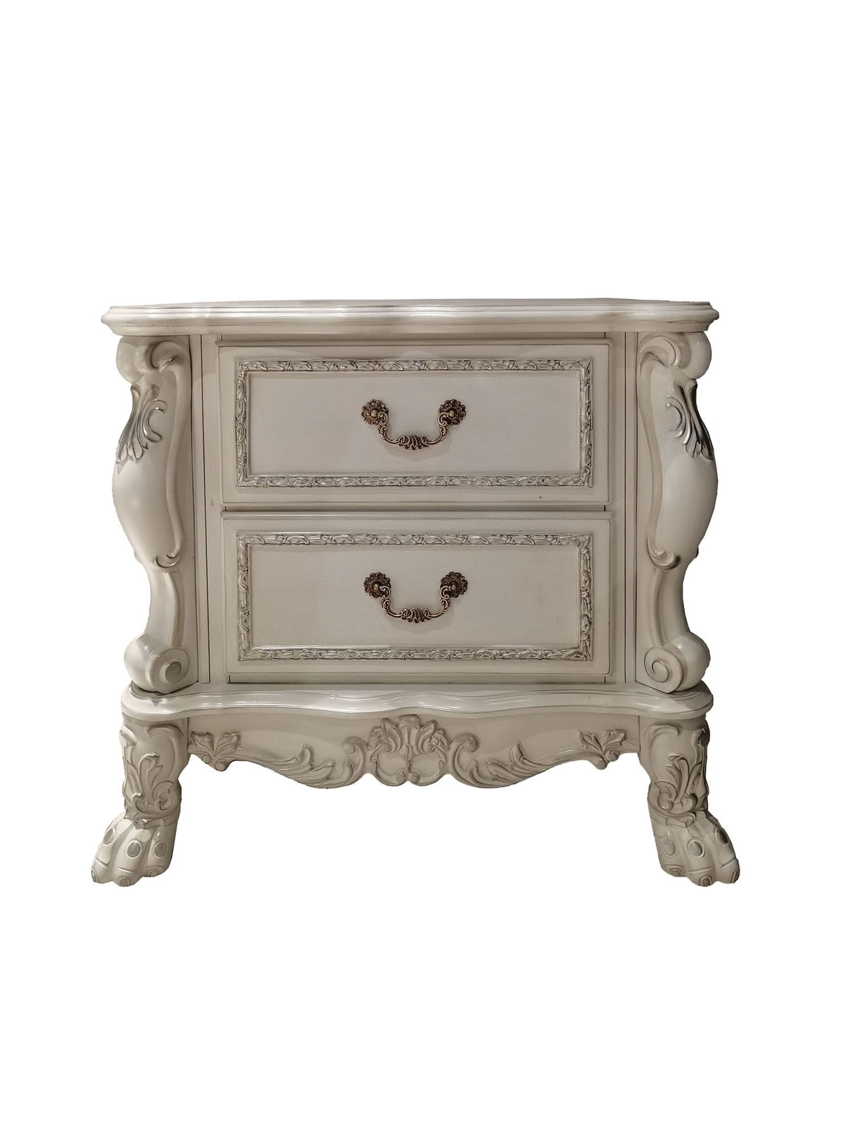 Dresden II Nightstand white accent with ornate carved details and 3 drawers HouseOfZazla on Tampa Home & Garden Store
