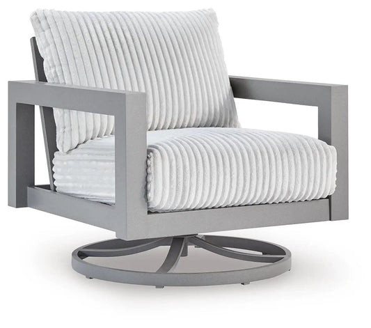 Hurley Park Swivel Chair with Cushion in gray metal frame and ribbed white cushions on Tampa Home & Garden Store