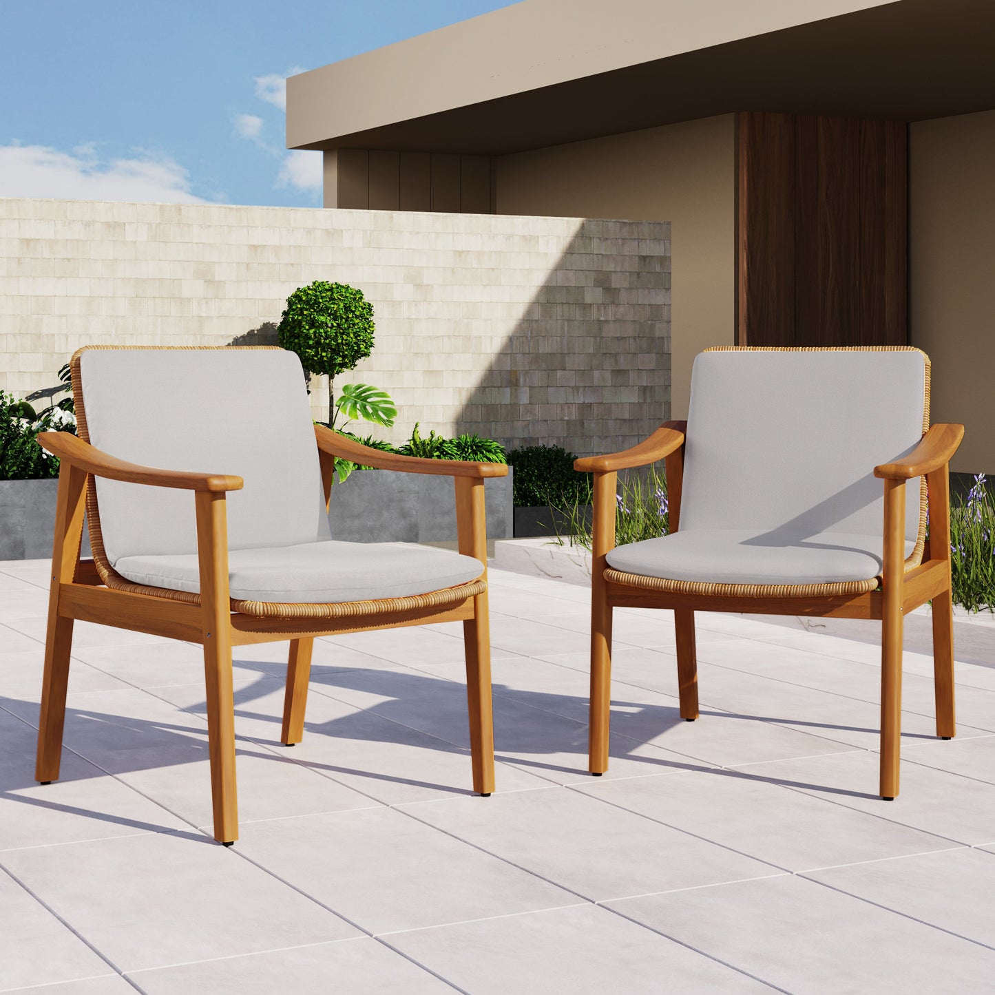 Outdoor Dining Chairs Set of 2 in teak-colored acacia wood with gray cushions on Tampa Home & Garden Store