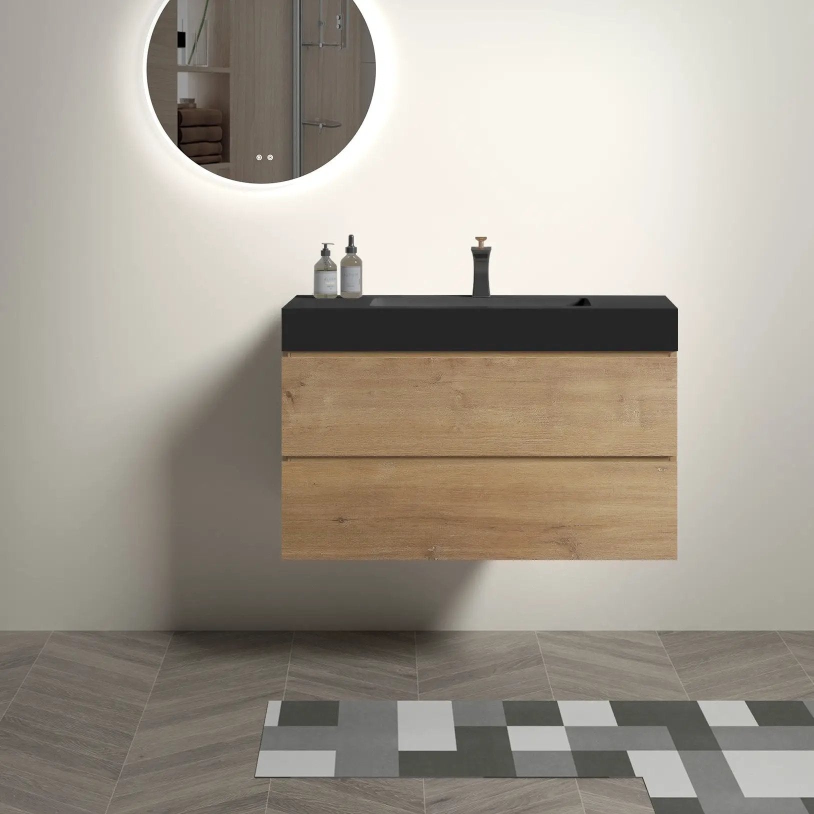Alice natural oak floating vanity with black top and sink by Unique Piece Furniture on Tampa Home & Garden Store