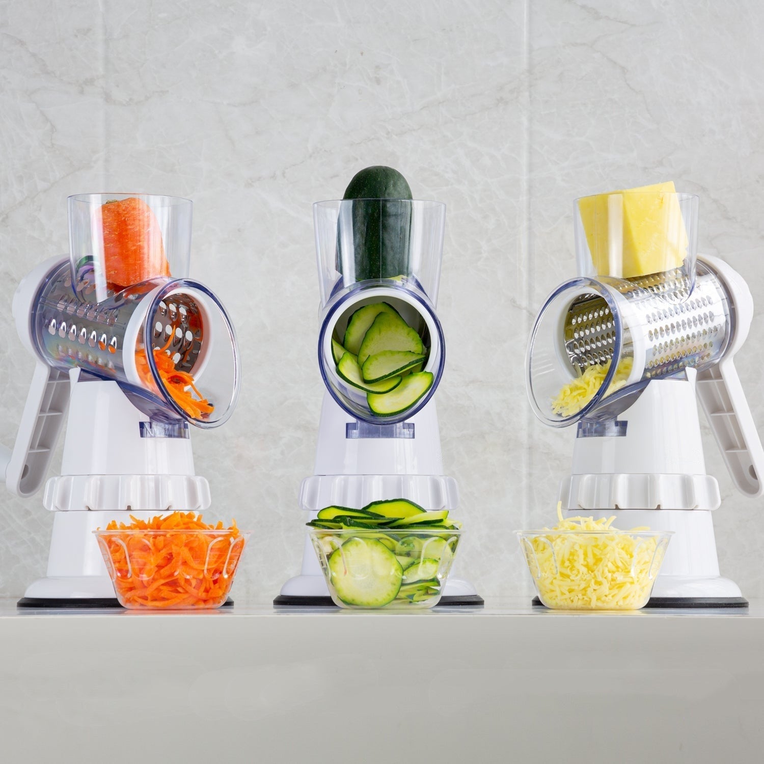 Perfecsy 3-in-1 manual vegetable slicer set; three white bases with clear chutes on Tampa Home & Garden Store