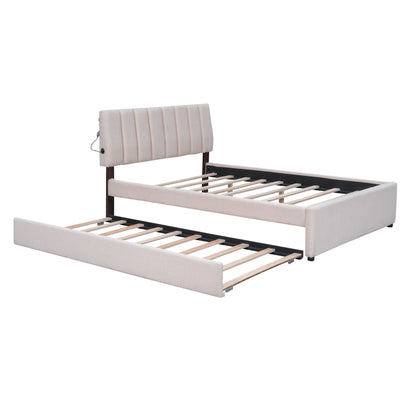 Upholstered platform bed with trundle in beige fabric, padded headboard, HouseOfZazla on Tampa Home & Garden Store