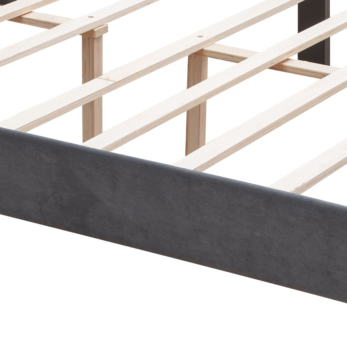 Queen platform bed frame with light wood slats and dark gray upholstered panel on Tampa Home & Garden Store
