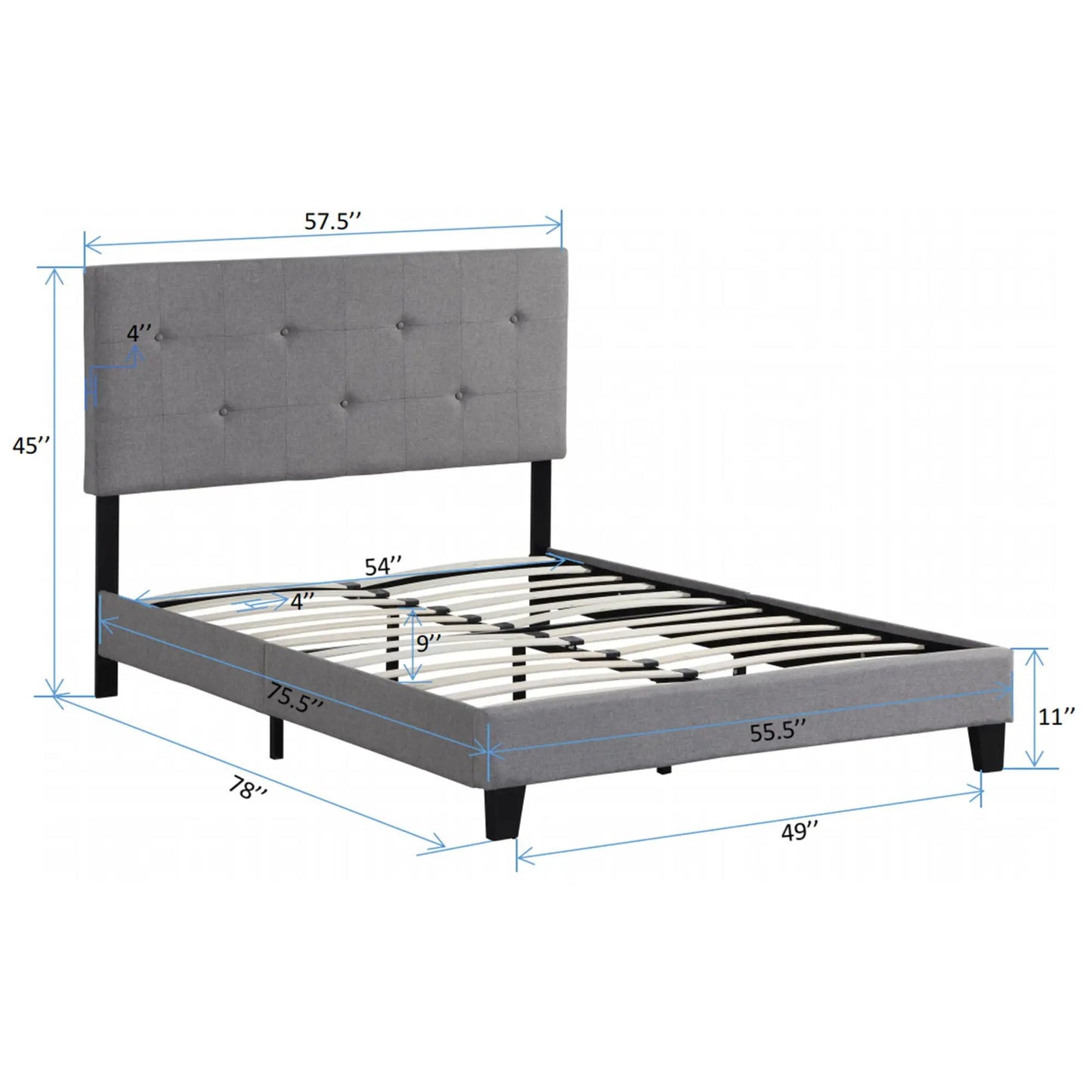 Modern upholstered platform bed with gray button-tufted headboard and wood slat support on Tampa Home & Garden Store