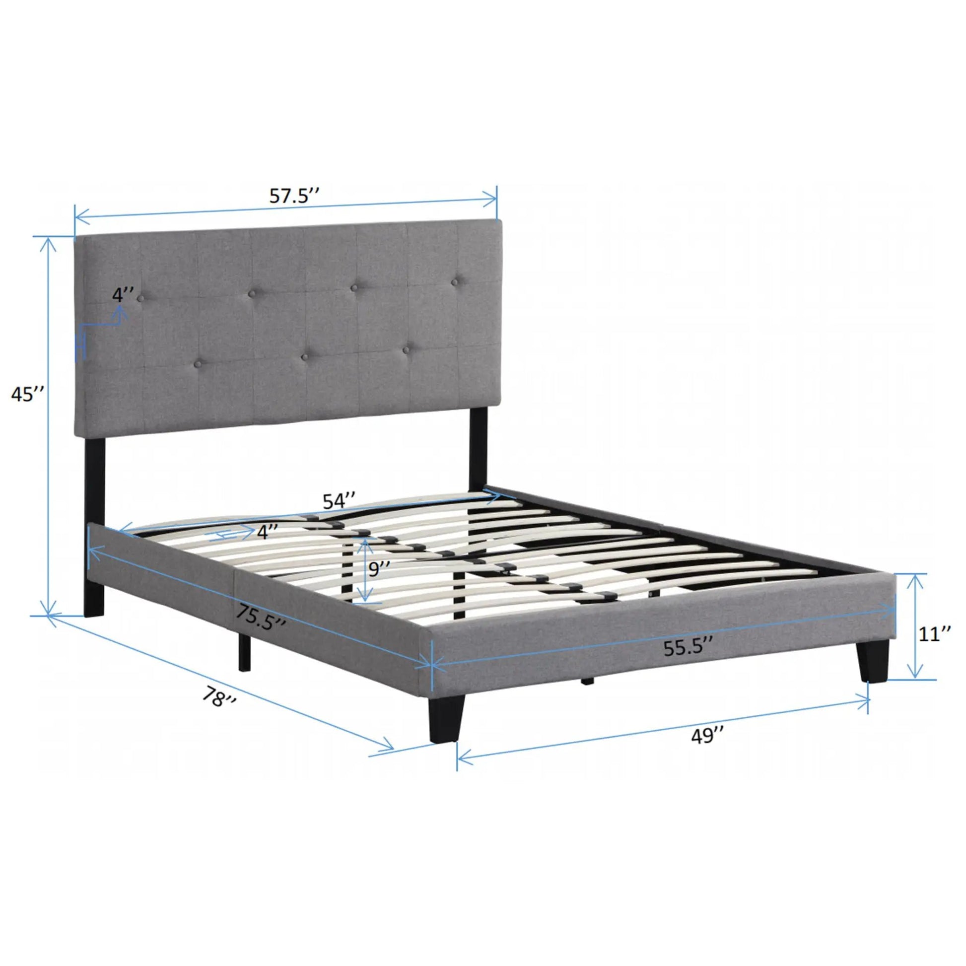 Modern upholstered platform bed with gray button-tufted headboard and wood slat support on Tampa Home & Garden Store