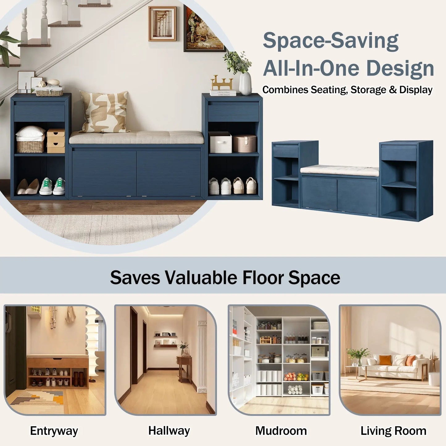 Blue entryway storage bench with cushioned seat, drawers and shelves by Unique Piece Furniture on Tampa Home & Garden Store