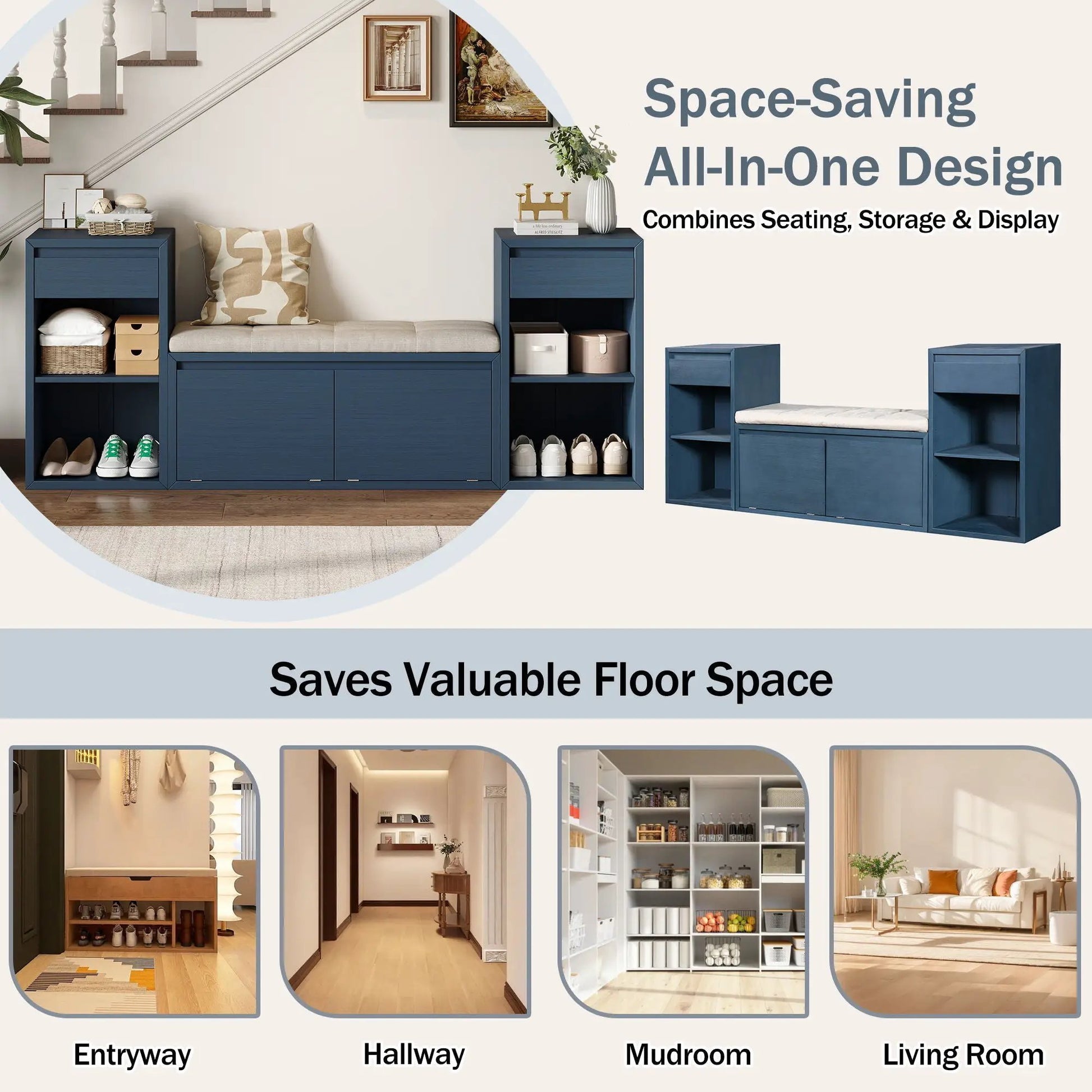 Blue entryway storage bench with cushioned seat, drawers and shelves by Unique Piece Furniture on Tampa Home & Garden Store