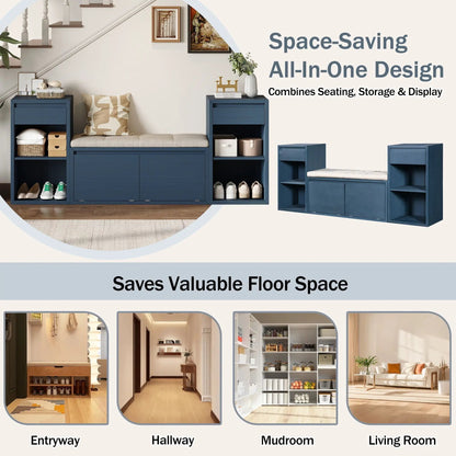 Blue entryway storage bench with cushioned seat, drawers and shelves by Unique Piece Furniture on Tampa Home & Garden Store