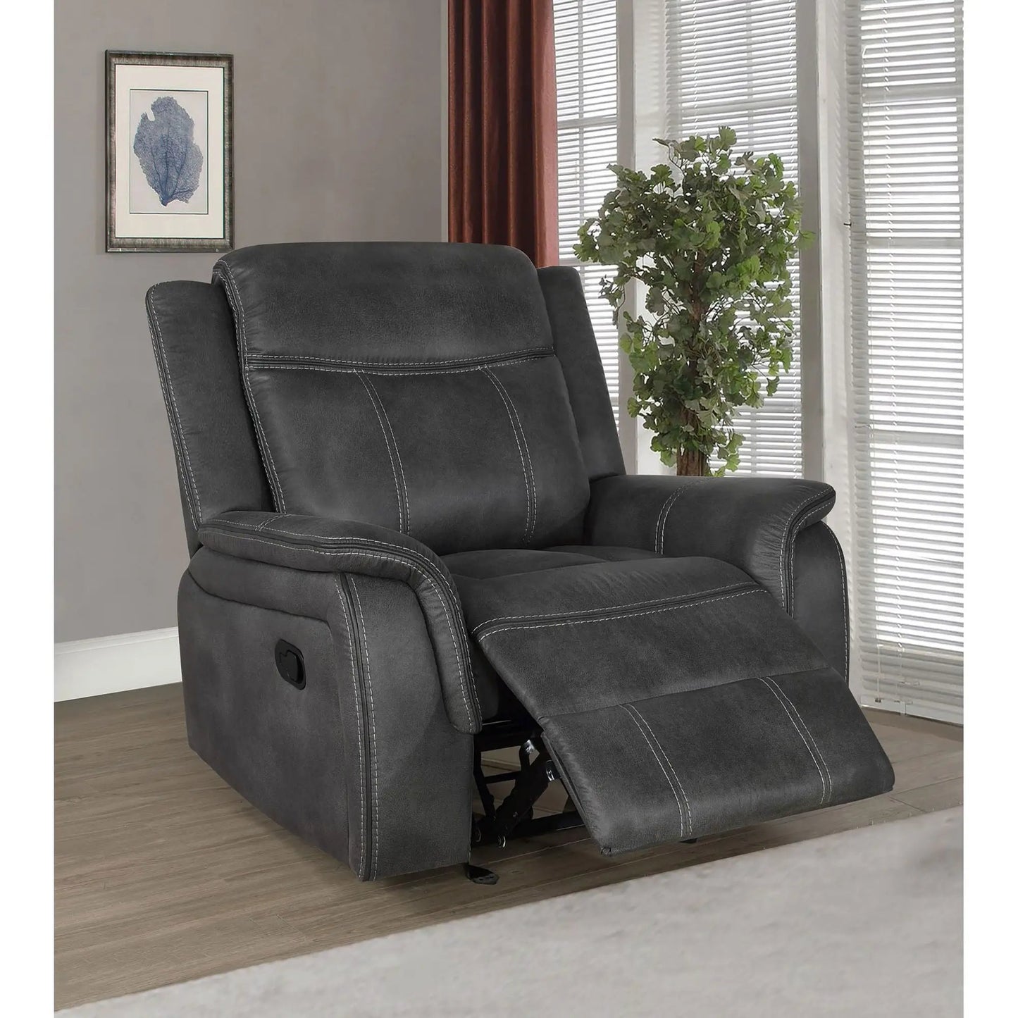 Franklin upholstered arm glider recliner charcoal faux leather with stitching Unique Piece Furniture on Tampa Home & Garden Store