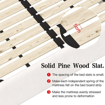 Solid pine wood slats with black connector brackets showing 5cm spacing for a platform bed on Tampa Home & Garden Store