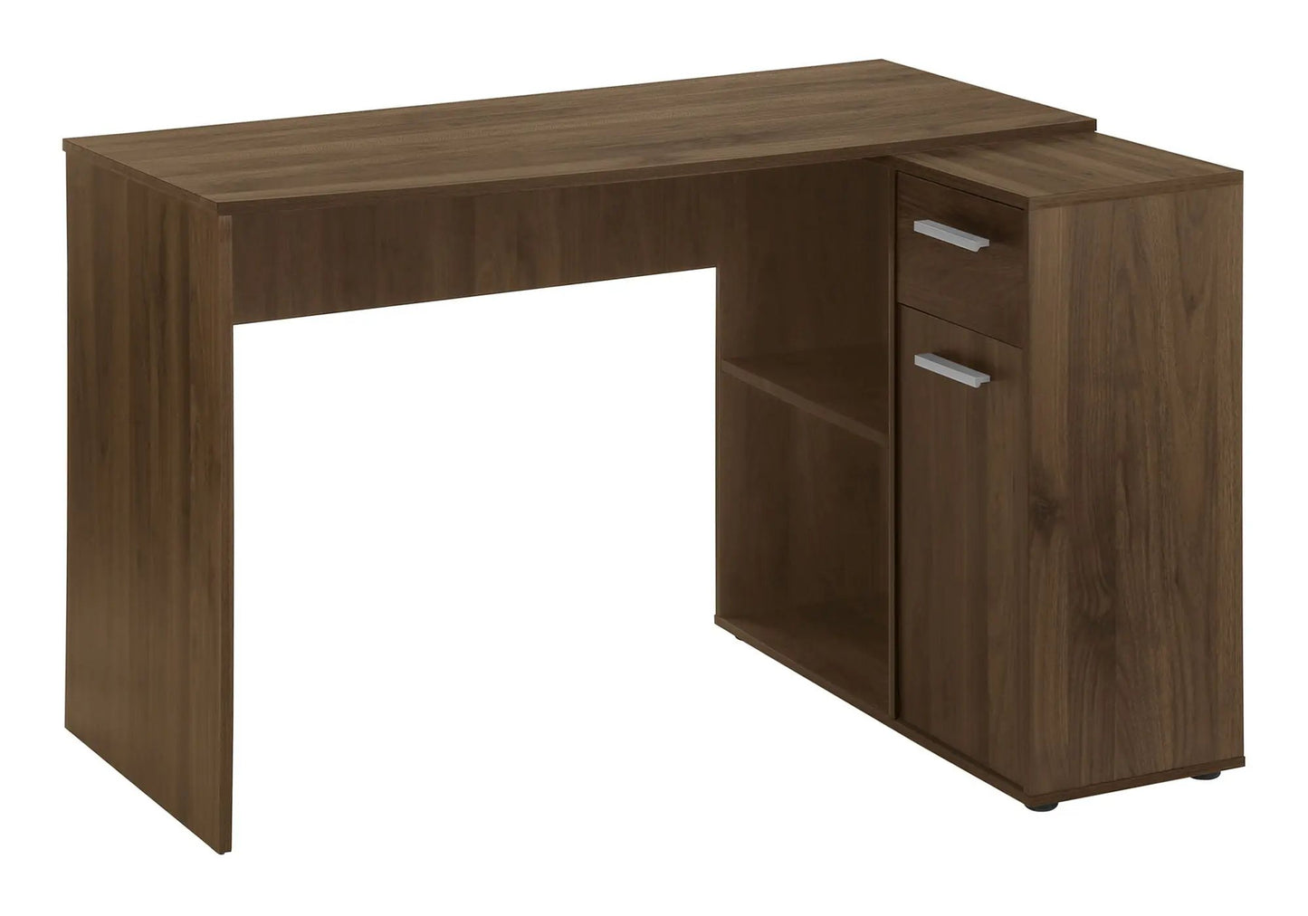 L-shaped corner computer desk with a two-drawer cabinet and shelf in dark brown wood veneer on Tampa Home & Garden Store