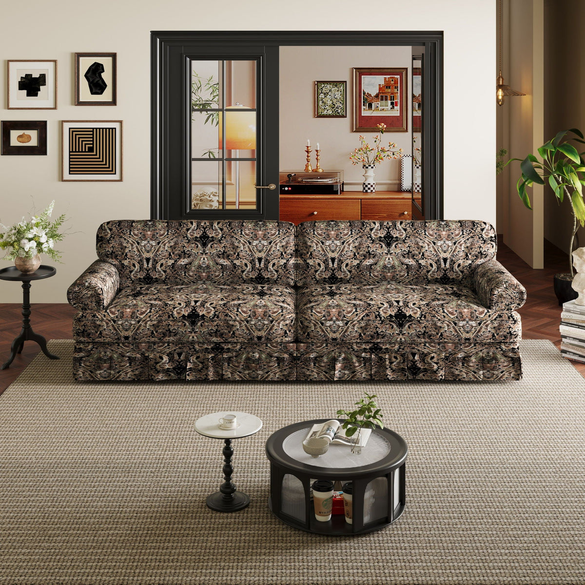 Comfortable Cloud Sofa with rolled arms and skirt in dark damask upholstery on Tampa Home & Garden Store
