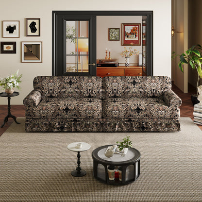 Comfortable Cloud Sofa with rolled arms and skirt in dark damask upholstery on Tampa Home & Garden Store