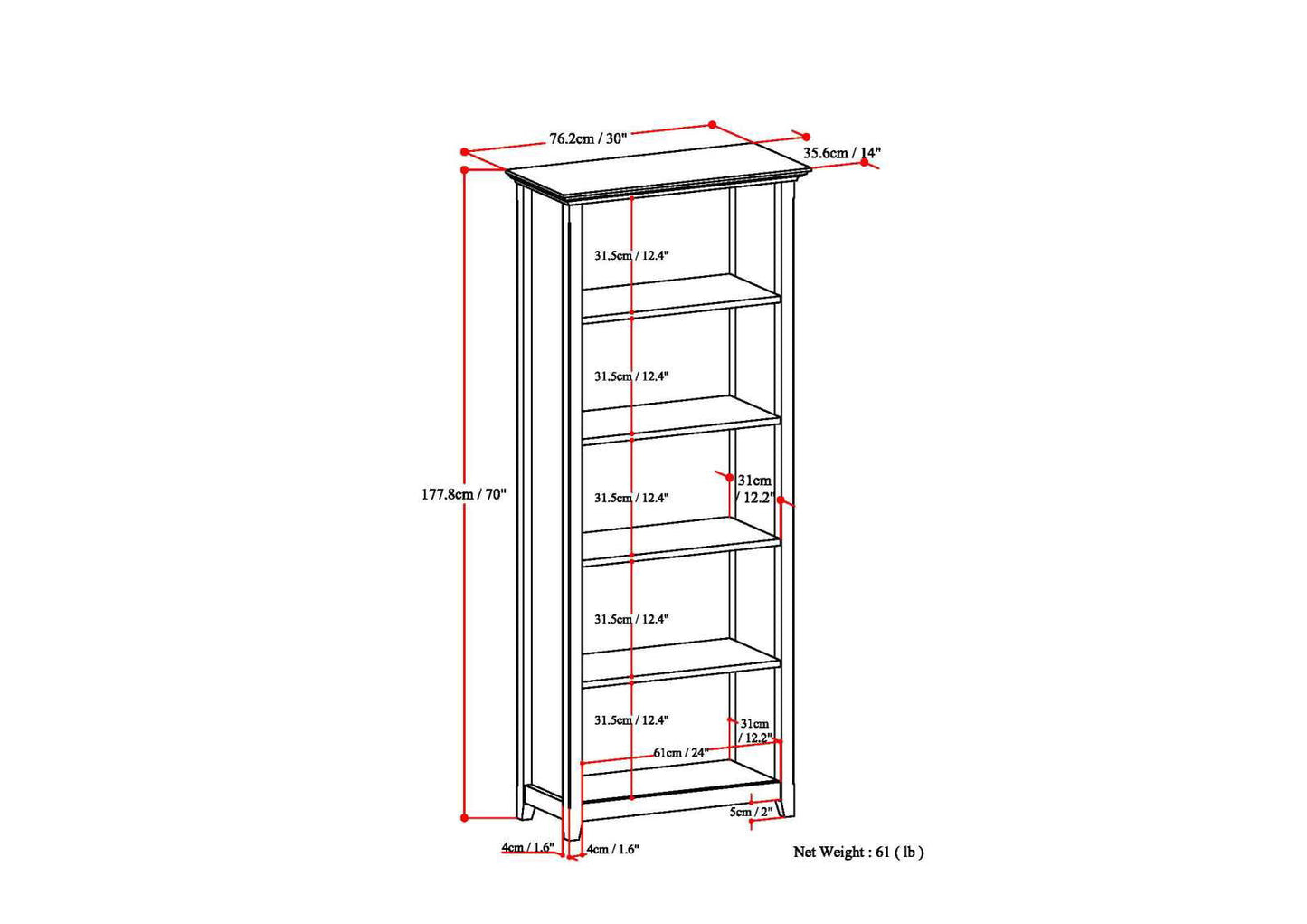 Amherst Five Shelf Bookcase Handcrafted Wood