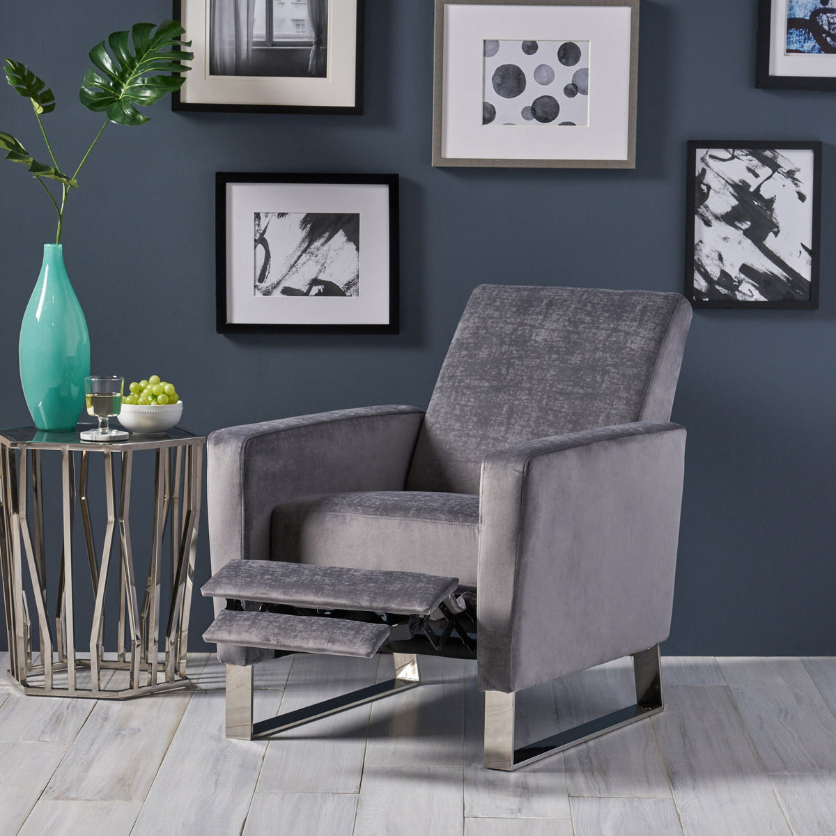 Bolt upholstered recliner chair with stainless steel base in gray on Tampa Home & Garden Store