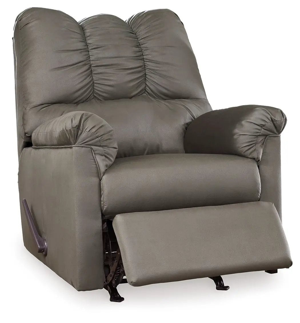 Darcy Rocker Recliner by Unique Piece Furniture in gray faux leather with extended footrest on Tampa Home & Garden Store