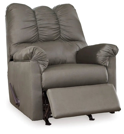 Darcy Rocker Recliner by Unique Piece Furniture in gray faux leather with extended footrest on Tampa Home & Garden Store
