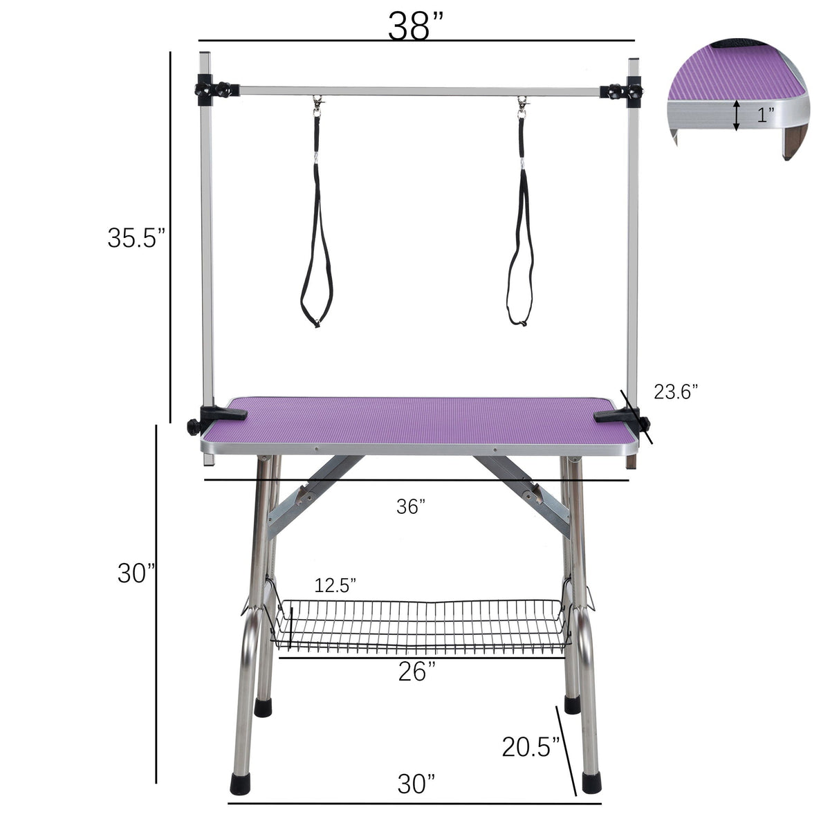 Folding pet grooming table with steel frame and purple mat on Tampa Home & Garden Store