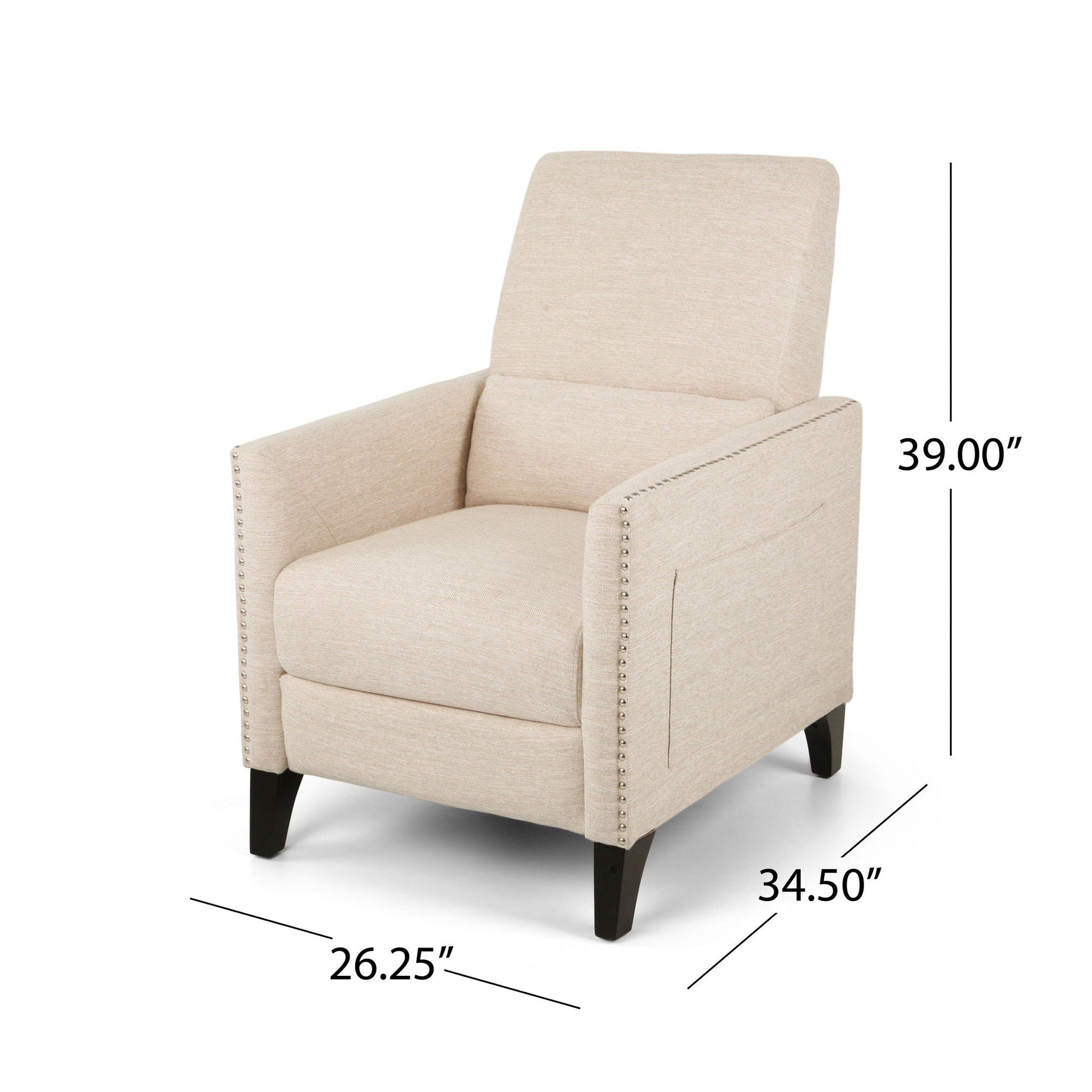 Kiersten Beige Fabric Pushback Recliner with nailhead trim and dark wood legs HouseOfZazla on Tampa Home & Garden Store