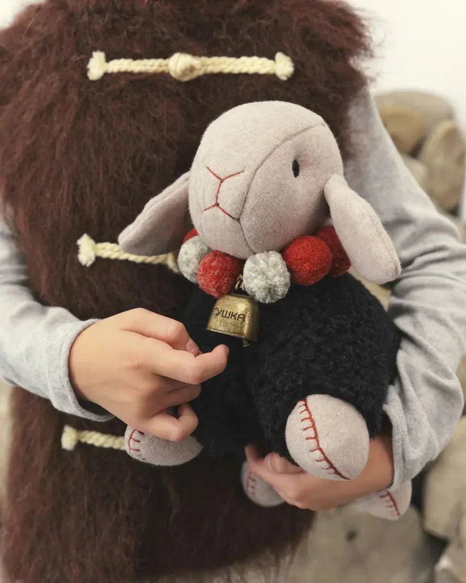 Large Wool Lamb Toy by Creating Comfort gray plush with red bead collar and bell on Tampa Home & Garden Store