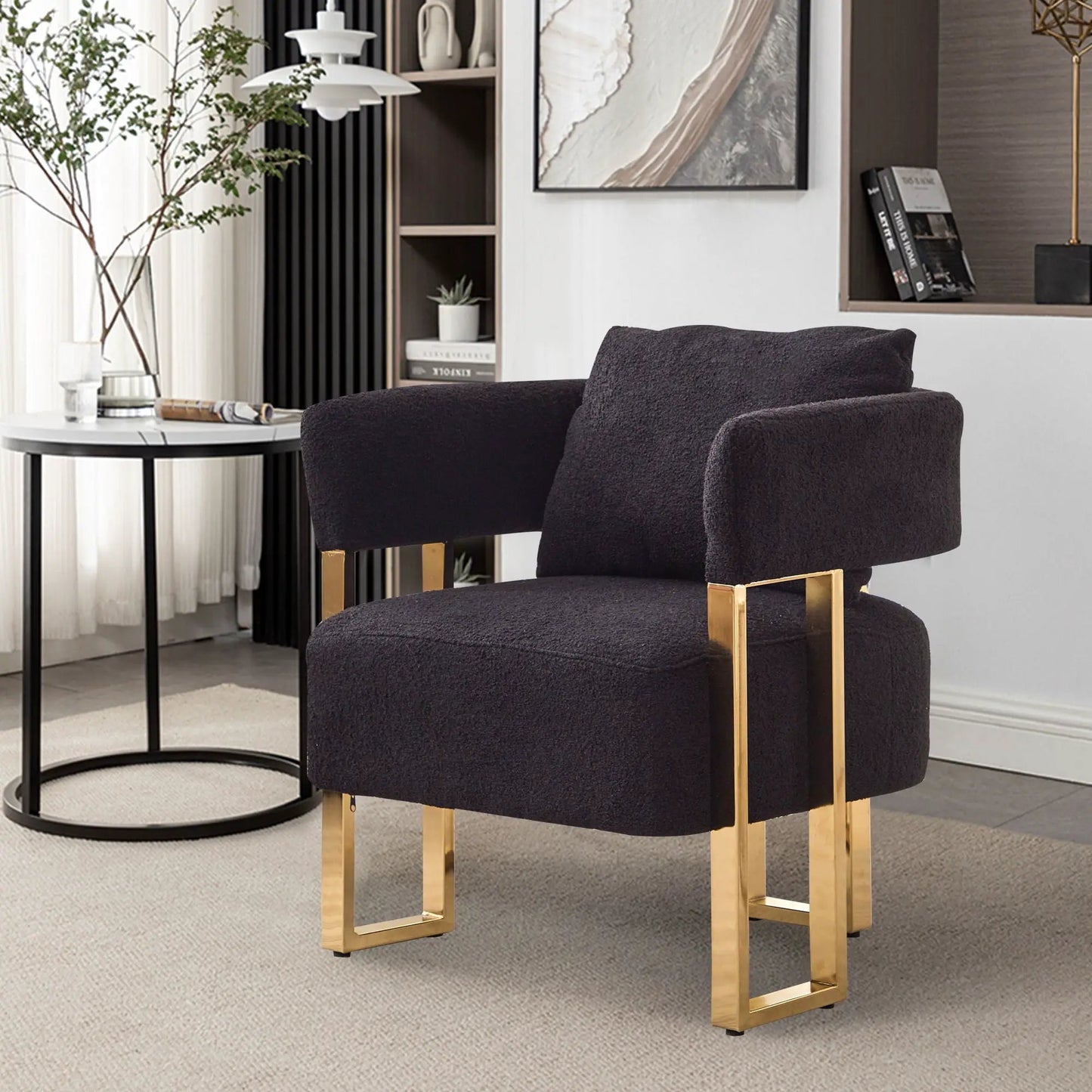 Pair of teddy fleece upholstered chairs with gold metal legs in modern living room on Tampa Home & Garden Store