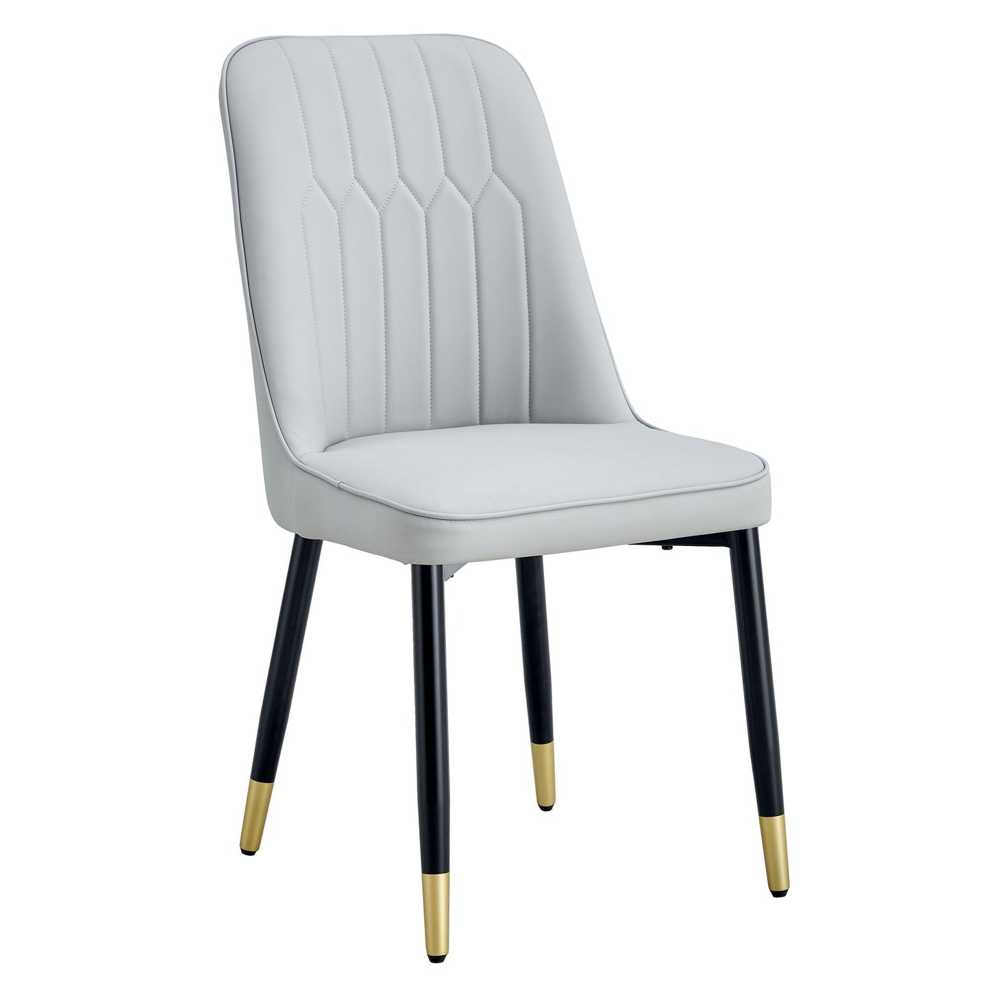 Modern chair with black metal legs, gold tips, light gray quilted upholstery on Tampa Home & Garden Store