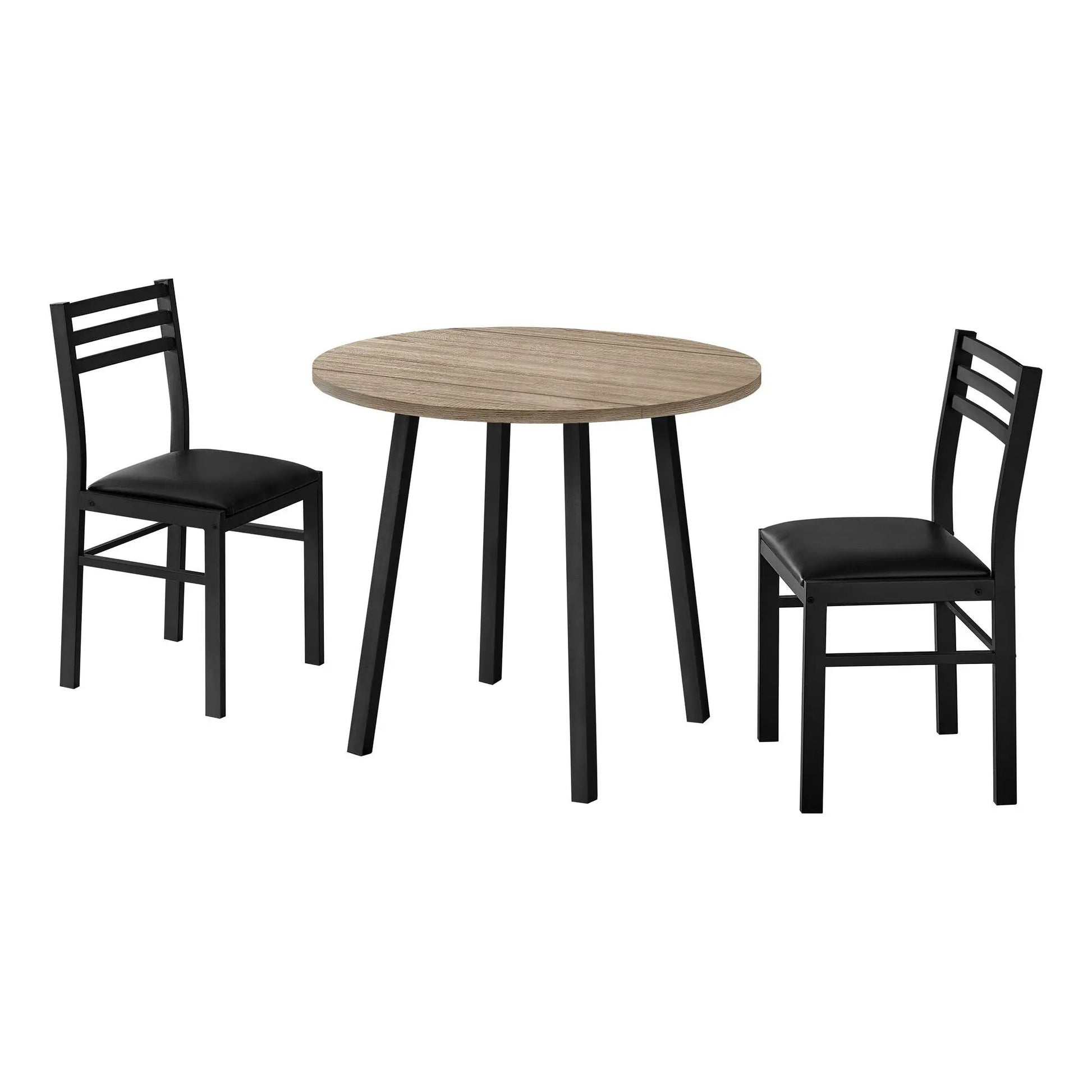 3 Piece Dining Table Set round wood table with black legs and two black ladder-back chairs on Tampa Home & Garden Store