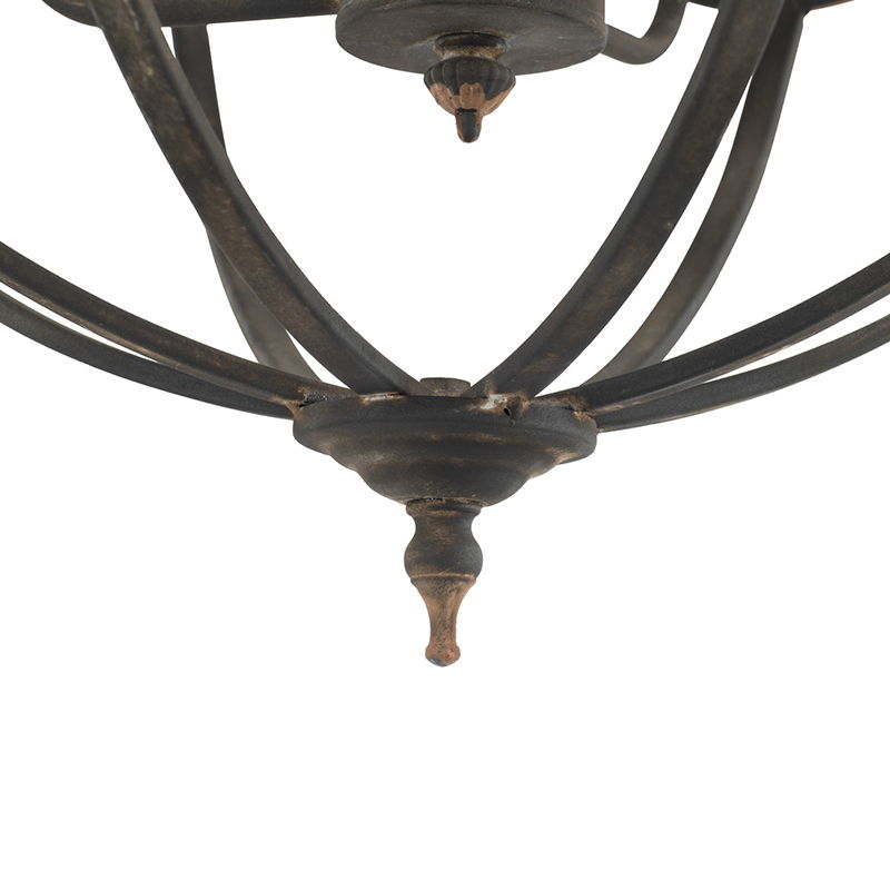 4 light metal chandelier with rustic black finish, curved arms and decorative bottom finial on Tampa Home & Garden Store