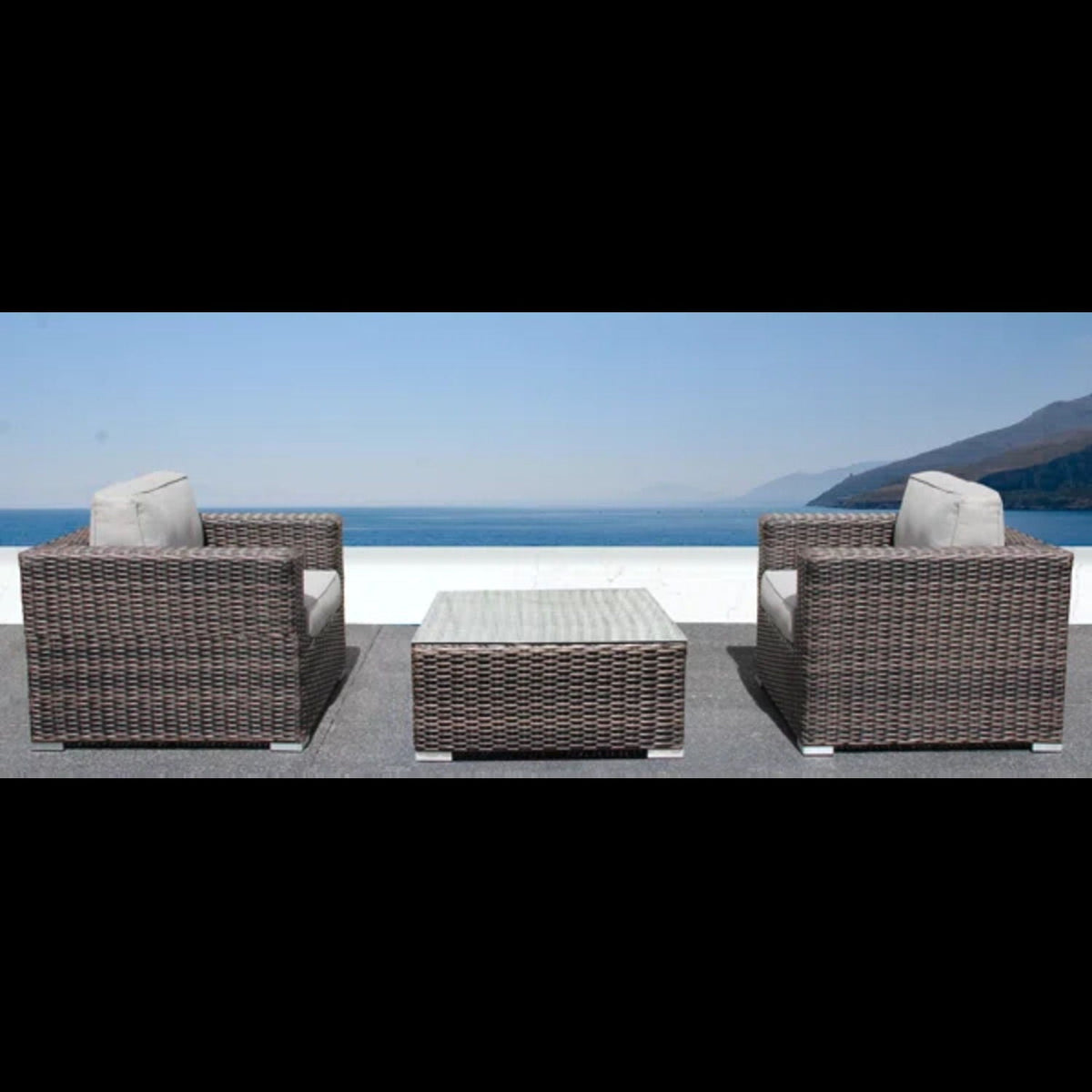 3 Piece Outdoor Seating Set in dark brown wicker with cushions; 2 chairs and coffee table on Tampa Home & Garden Store