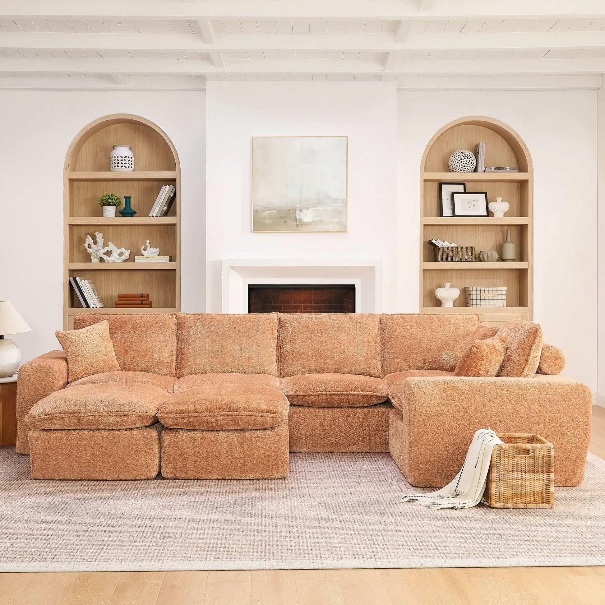 Sectional sofa with moveable ottoman in peach boucle fabric, 3-piece living room set on Tampa Home & Garden Store