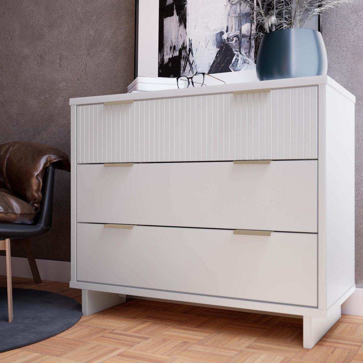 Solid Wood 3 Drawer Dresser with Ribbed Fronts in white, brass pulls, top decor on Tampa Home & Garden Store