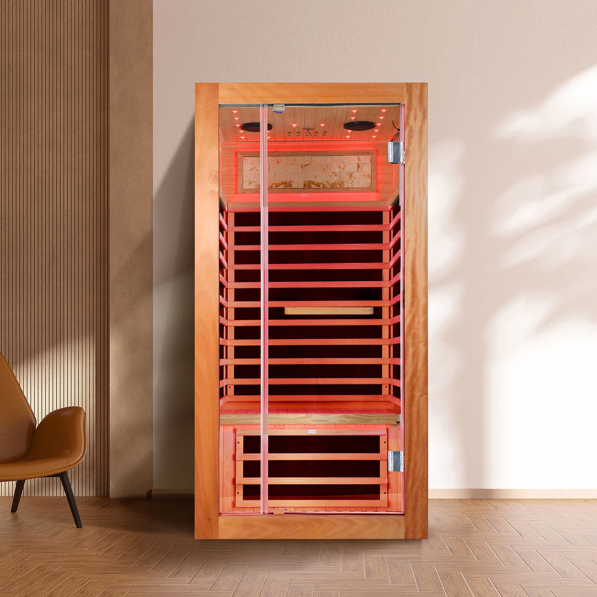 American White Oak single person sauna with glass door and red LED lighting HouseOfZazla on Tampa Home & Garden Store