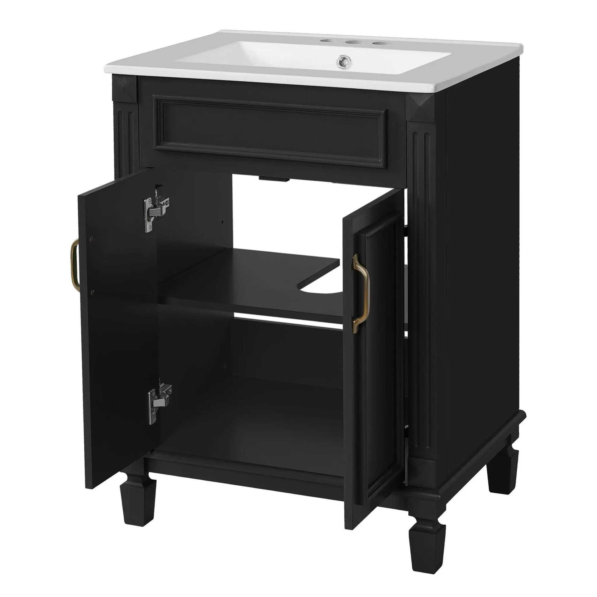 Bathroom vanity with top sink, black cabinet, white countertop, two soft closing doors on Tampa Home & Garden Store