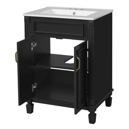 Bathroom vanity with top sink, black cabinet, white countertop, two soft closing doors on Tampa Home & Garden Store